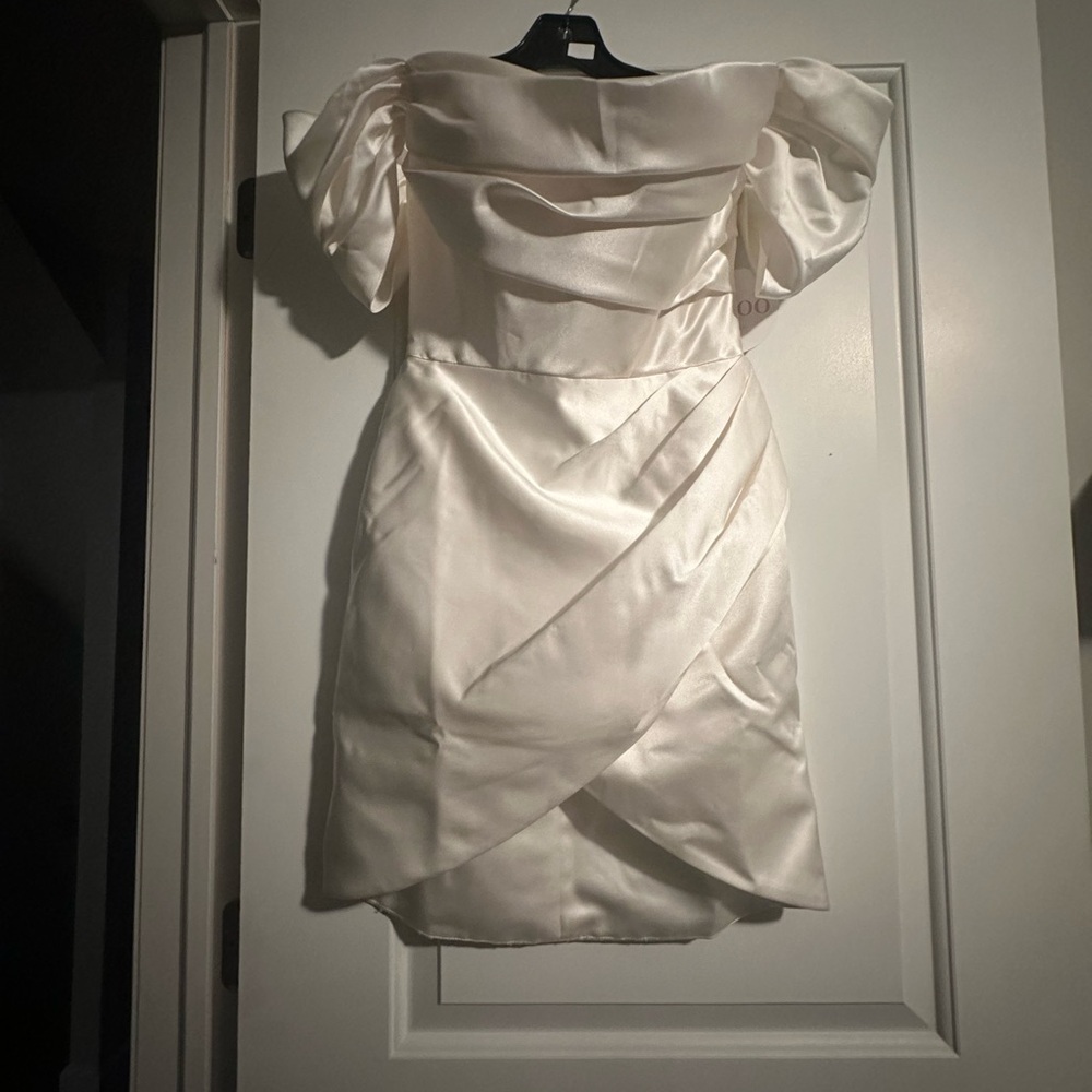 Wtoo Satin Off-Shoulder Mini Dress in Cream